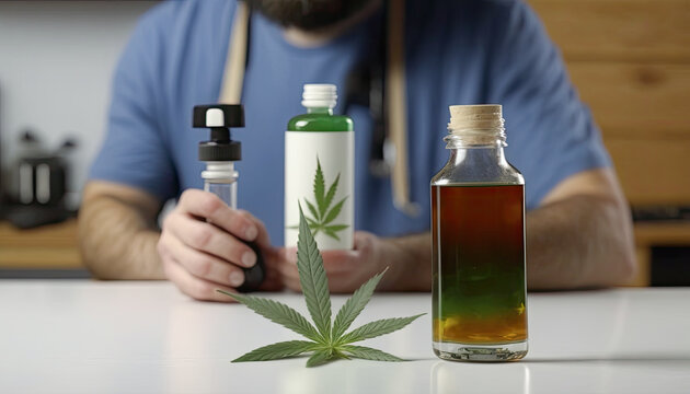 Doctor holding CBD Oil glass bottle with Marijuana leaves , Cannabis liquid, Generative AI Technology