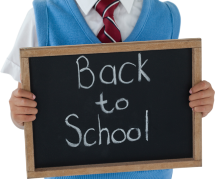 Schoolboy holding slate with back to school text against white background