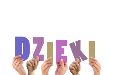 Colorful alphabet spelling thanks in Polish held up by people