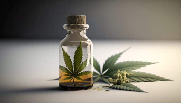 CBD Oil glass bottle with Marijuana leaves , Cannabis liquid, Generative AI Technology