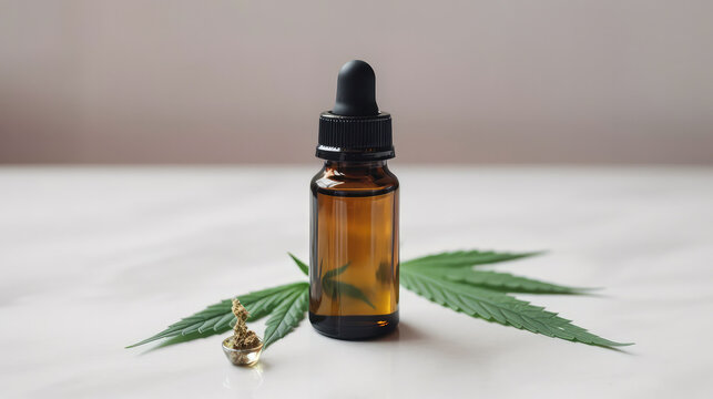 CBD Oil glass bottle with Marijuana leaves , Cannabis liquid, Generative AI Technology