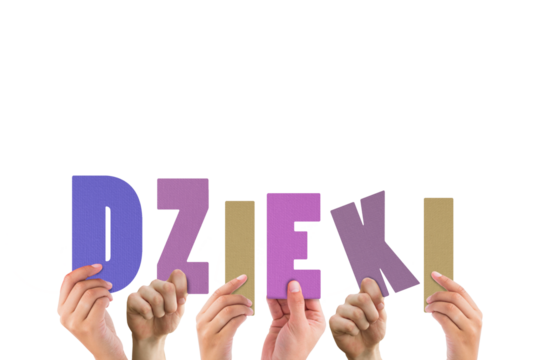 Colorful alphabet spelling thanks in Polish held up by people 