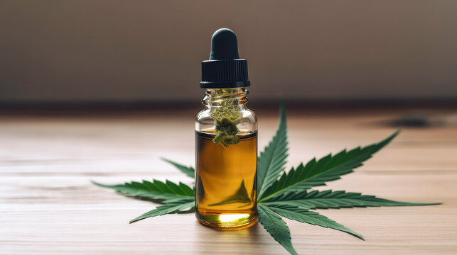 CBD Oil glass bottle with Marijuana leaves , Cannabis liquid, Generative AI Technology