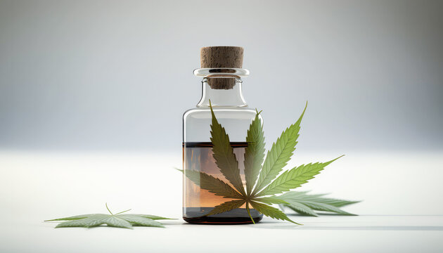 CBD Oil glass bottle with Marijuana leaves , Cannabis liquid, Generative AI Technology