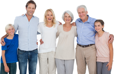 Multi-generation family standing against white background