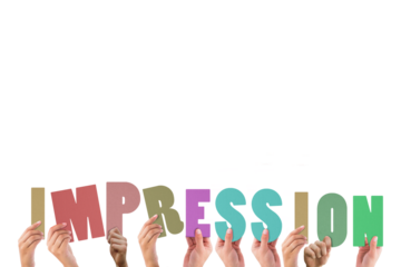 Cropped hands holding colorful word impression 