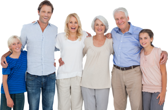 Multi-generation family standing against white background