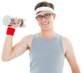 Geeky hipster posing in sportswear with dumbbell