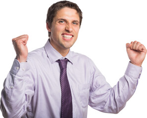 Portrait of cheerful young businessman cheering
