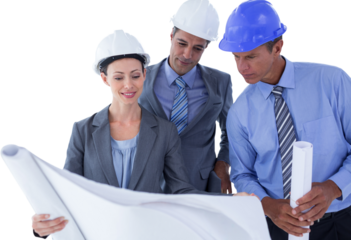 Businessmen and a woman with hard hats and holding blue