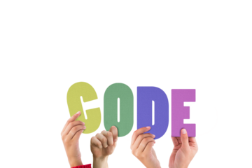 Colorful alphabet spelling code held up by people 