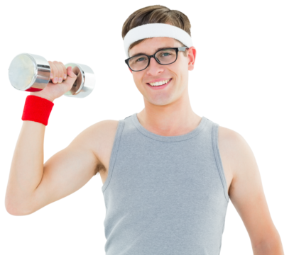Geeky hipster posing in sportswear with dumbbell