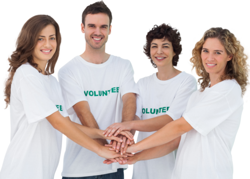 Smiling volunteer group piling up their hands - Powered by Adobe
