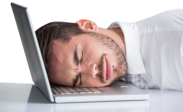 Cheerful businessman resting head on his laptop