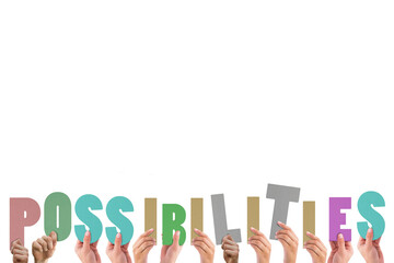 Cropped hands holding colorful word possibilities