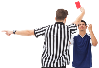 Referee showing red card and gesturing to a player