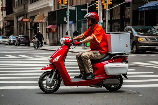 Photo A food delivery worker riding a scooter in the capital. AI-generated images