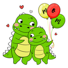 Mom Saurus , Mommy T-Rex and Baby Dinosaurus Hug With balloons T-Shirt Design For Mother's Day EPS. SVG. File vector illustration character design  Doodle Funny cartoon style 
