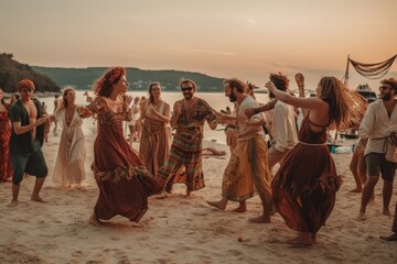 group of hippies dancing on the beach at sunset time. Generative AI