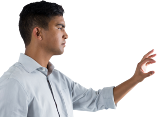 Man pretending to touch an invisible screen