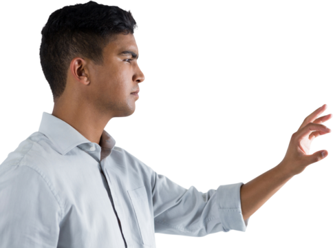 Man pretending to touch an invisible screen