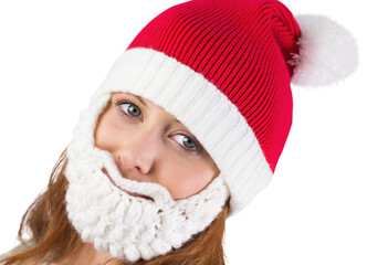 Pretty redhead in santa hat and beard