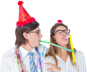 Geeky hipster wearing a party hat with blowing party horn