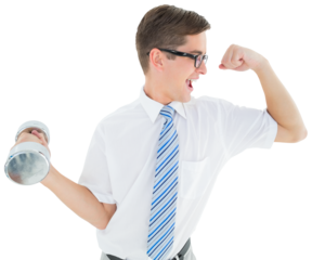 Geeky happy businessman lifting dumbbell