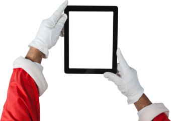 Santa Claus holding digital tablet over white background