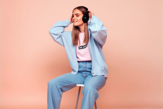 Model on pink background with headphones