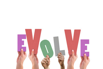 Cropped hands holding colorful word evolve