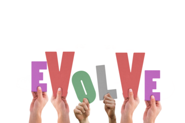 Cropped hands holding colorful word evolve
