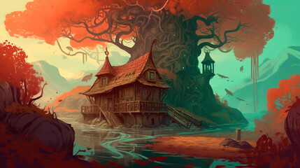 Obraz na płótnie Canvas Dark tree house illustration
