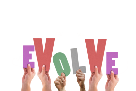 Cropped hands holding colorful word evolve - Powered by Adobe