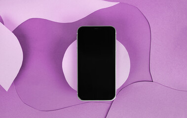 Blank black cell phone screen with colorful abstract background. Smartphone product template with...