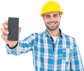 Happy construction worker showing smart phone
