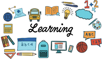 Learning text surrounded by various colorful vector icons