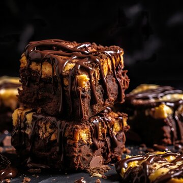 Peanut butter brownies drizzled with chocolate, generative ai