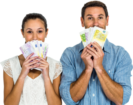 Excited couple holding money - Powered by Adobe
