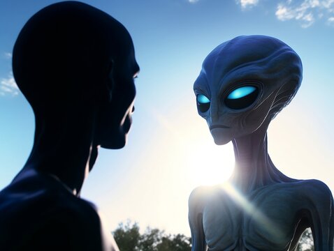 Man and Alien on eye contact communicating, An Alien and Human on Earth