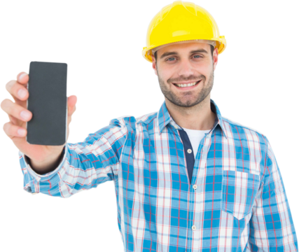 Happy construction worker showing smart phone