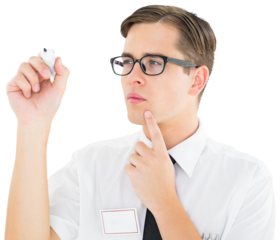 Geeky businessman writing with marker