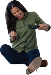 Excited woman playing video games