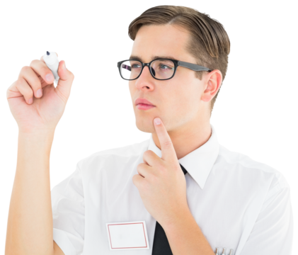 Geeky businessman writing with marker