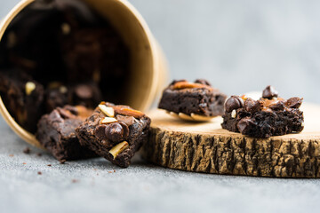 Mini brownies, sweet dessert suitable for tea or coffee time. Close up