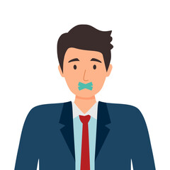 Businessman having mouth closed tape in flat design on white background.