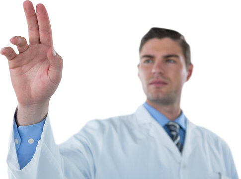 Focused doctor touching transparent interface