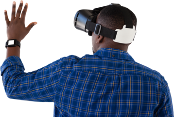 Man gesturing while using virtual reality headset