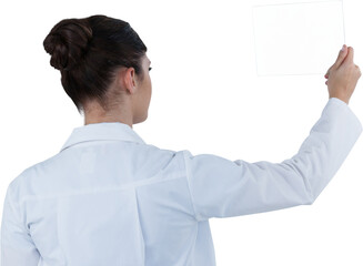 Female doctor holding digital tablet against white background