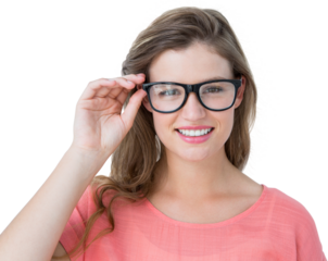 Portrait of smiling woman wearing black eyeglasses 